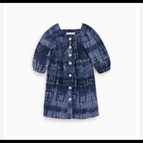 Zara girls blue smocked tie dye button front dress size 13/14 NWT - Picture 2 of 7